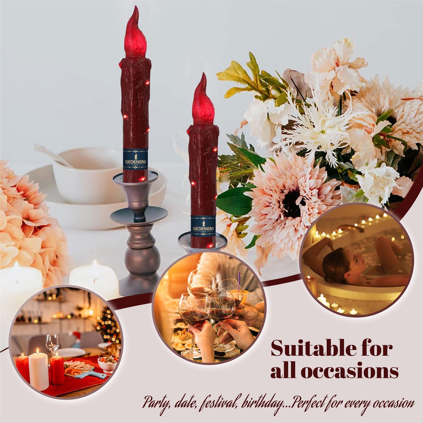 Gedengni Magical Candlesticks Flameless Taper Candle, 2pcs Red LED Tapered Candles Remote Dipped Candle 6inch Battery Chandelier for Enchanting Weddings and Harry Potter Inspired Vigils(LW4P-RE)