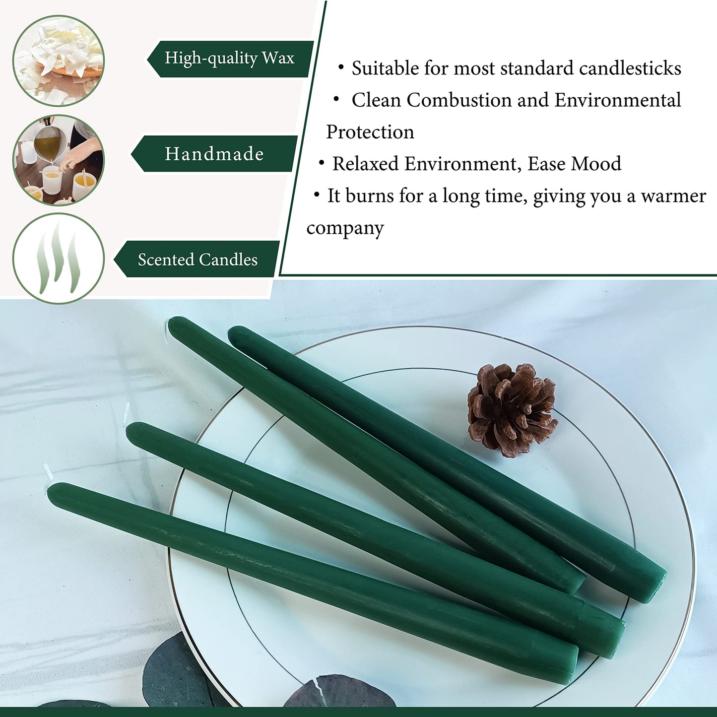 10 inch Forest Green Taper Candles Set of 4 - Cedar Scented Taper Candles Smokeless Candle - Slow Burning Candle Sticks for Home Wedding Dinner Holiday Party