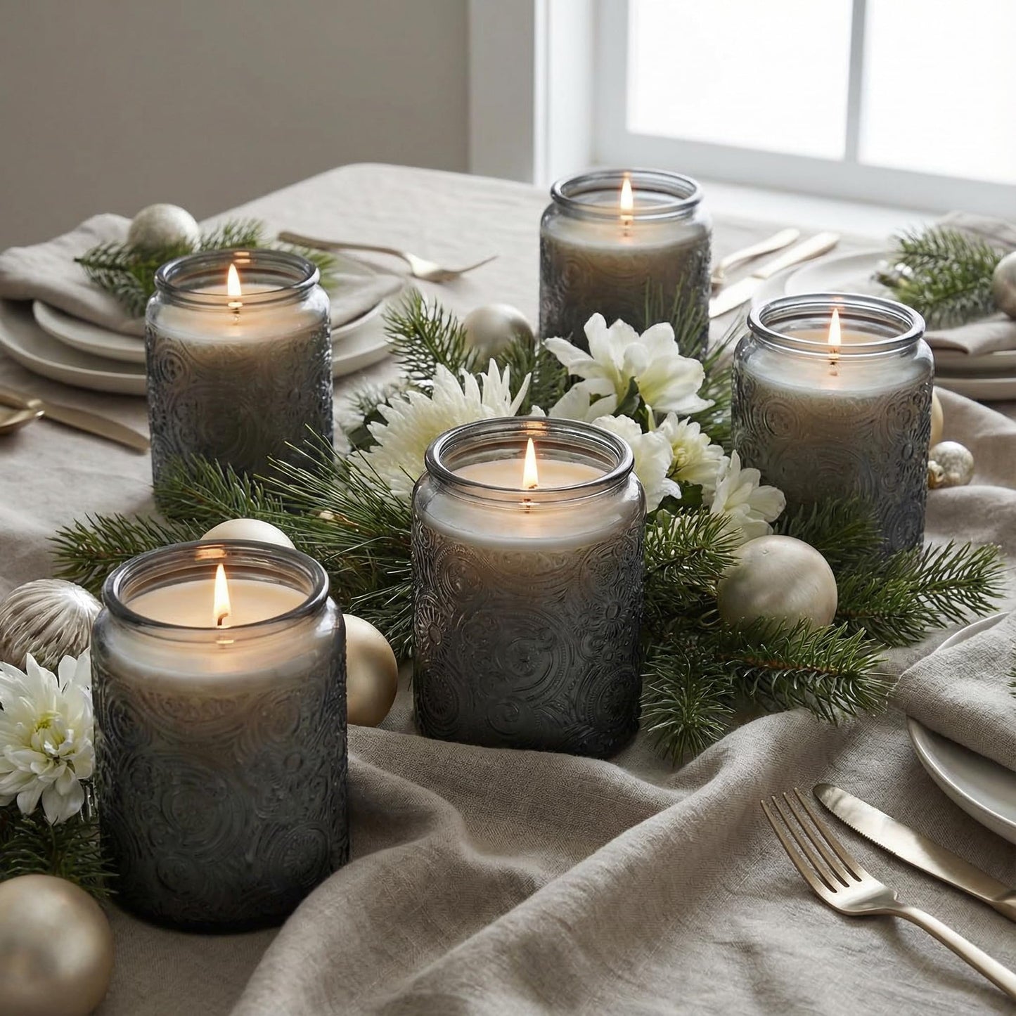 Art Secret 9-Pack 8oz Embossed Glass Candle Jars with Lids and Labels - Sun Moon Stars Design (Gray)