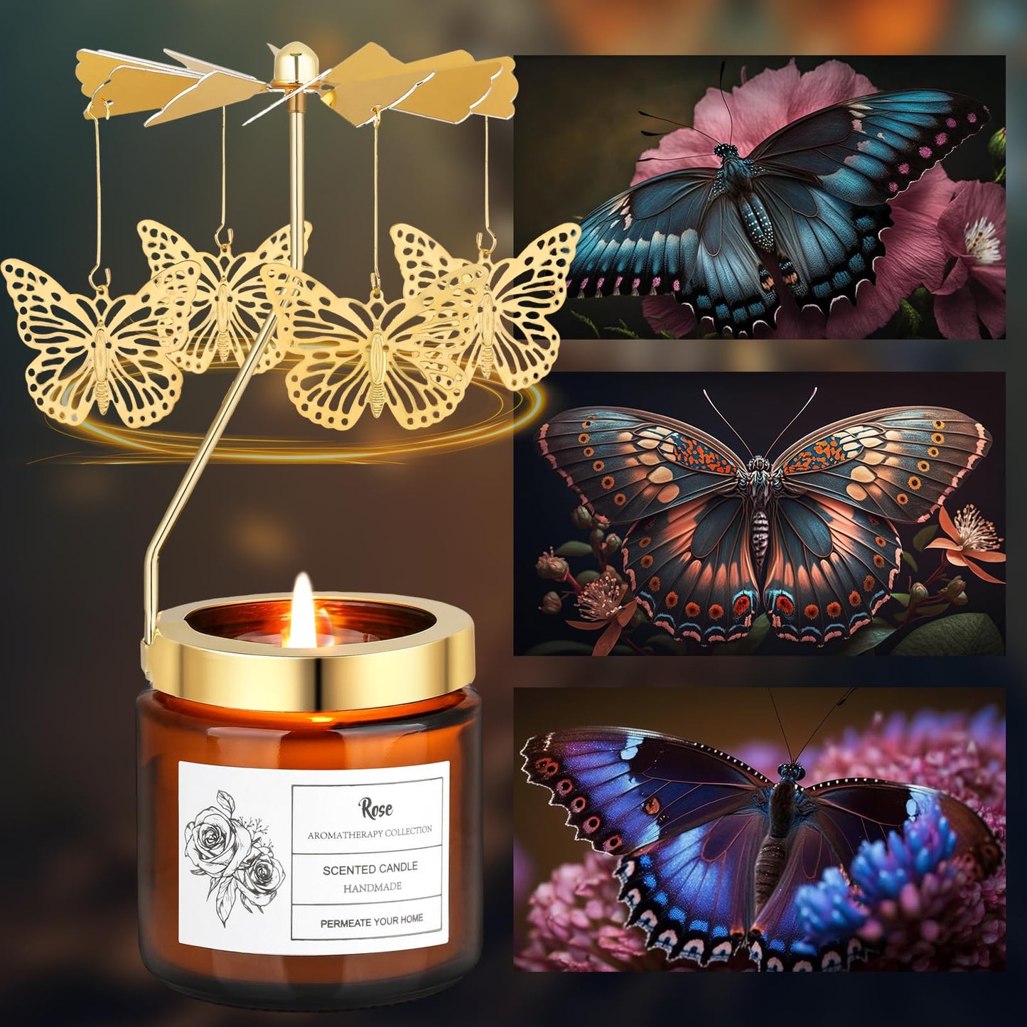 Rotatable Rose Scented Candle Gifts, Butterfly Gifts for Women Mom Wife Anniversary Valentine's Day Christmas, Unique Birthday Gift for Sister Girlfriend with Gift Box