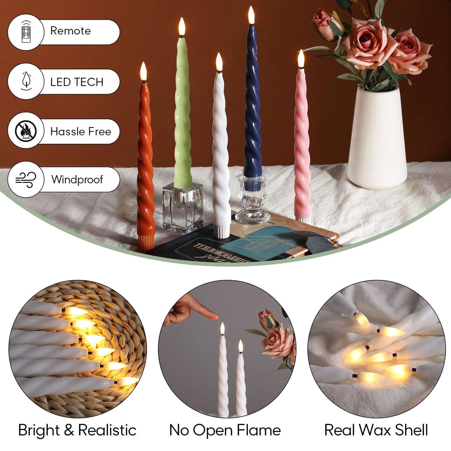 Girimax White Flameless Taper Candles with Remote, Spiral Candles Battery Operated, Flickering LED Wax Candlesticks Set of 6
