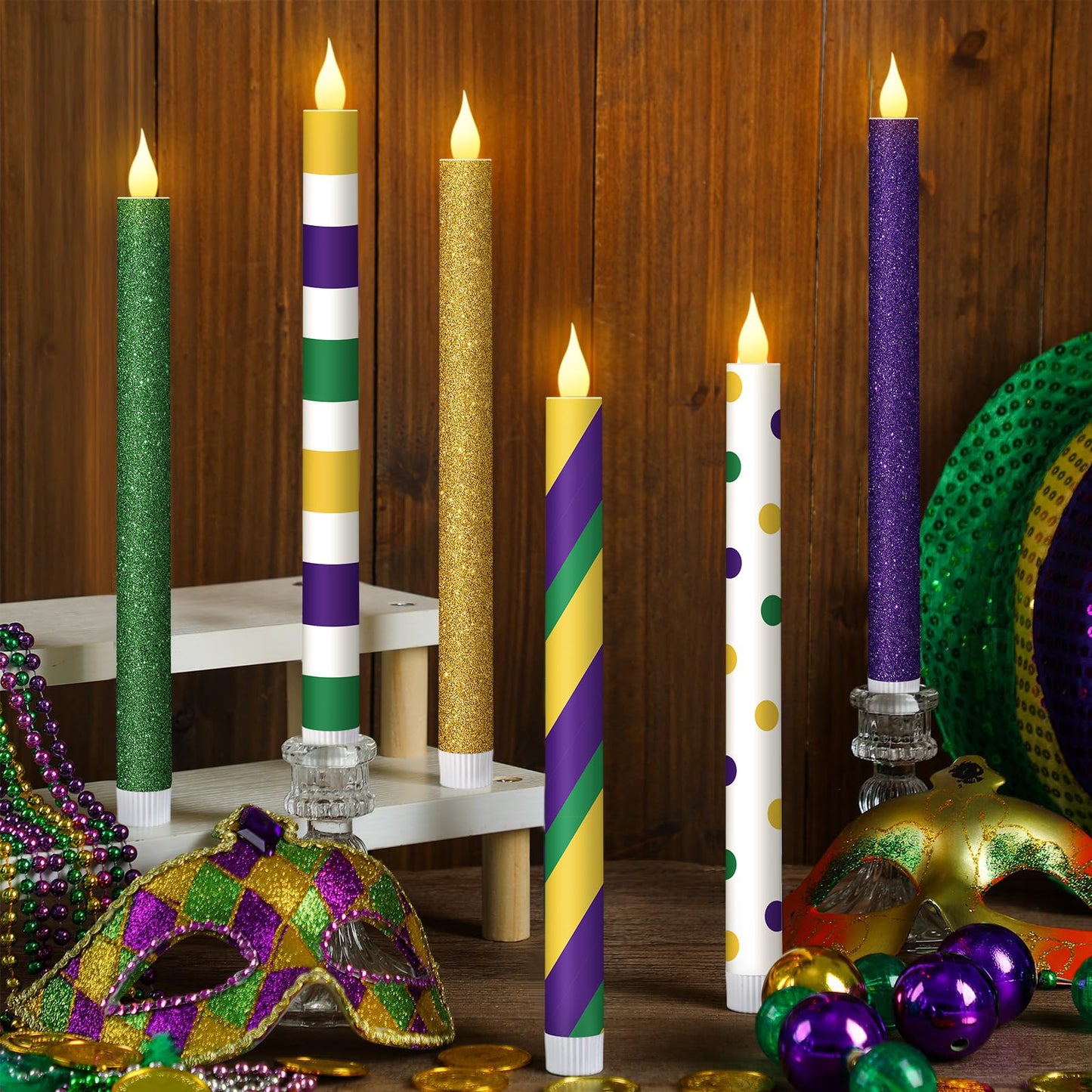 Honoson 6 Pcs Mardi Gras Flameless Taper Candles 10.6 Inch Purple Green and Gold Candles Battery Operated LED Candlesticks for Mardi Gras Dinner Table Centerpiece Indoor Outdoor Party Home Decor