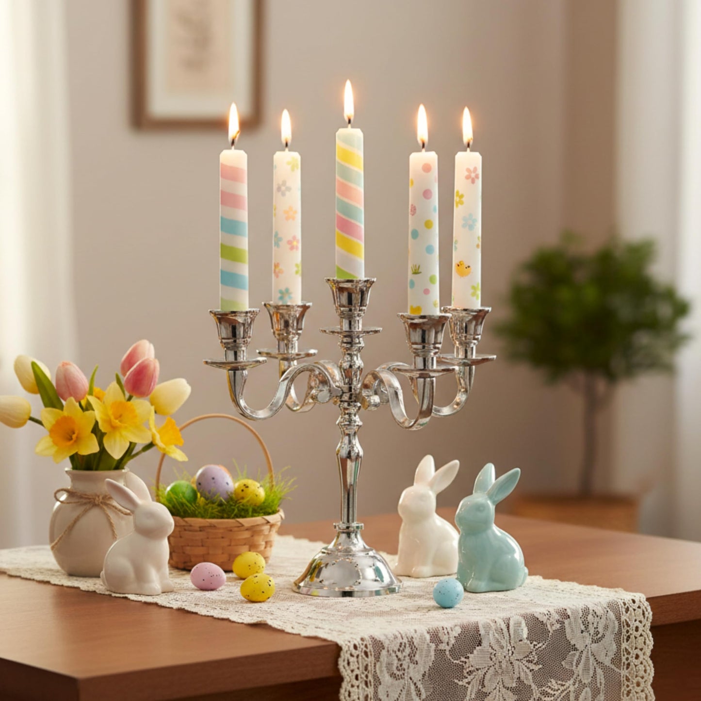 Rely+ 5 Arm Baby Candelabra Silver Glossy 8 Inch Taper Candle Holders Gothic Decorations Candlesticks Holder Home Decor Wedding Parties Centerpiece for Dining Table