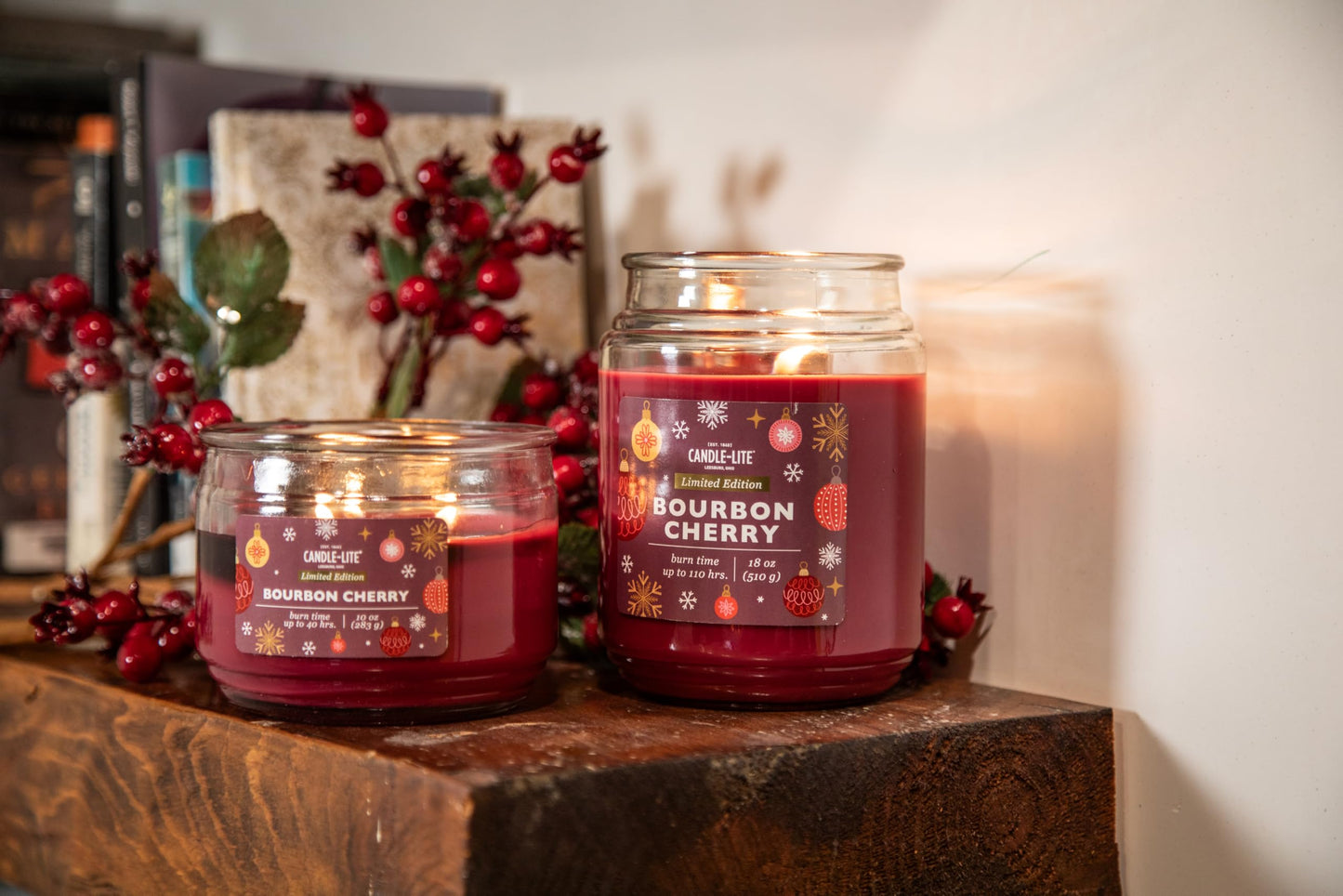 Candle-lite Holiday Scented Candles, Bourbon & Maraschino Cherry with Almond, 18 oz Single-Wick Jar, Proudly Poured in USA, Christmas Home Decor, 110 Hours of Burn Time, Holiday Gift for Men and Women