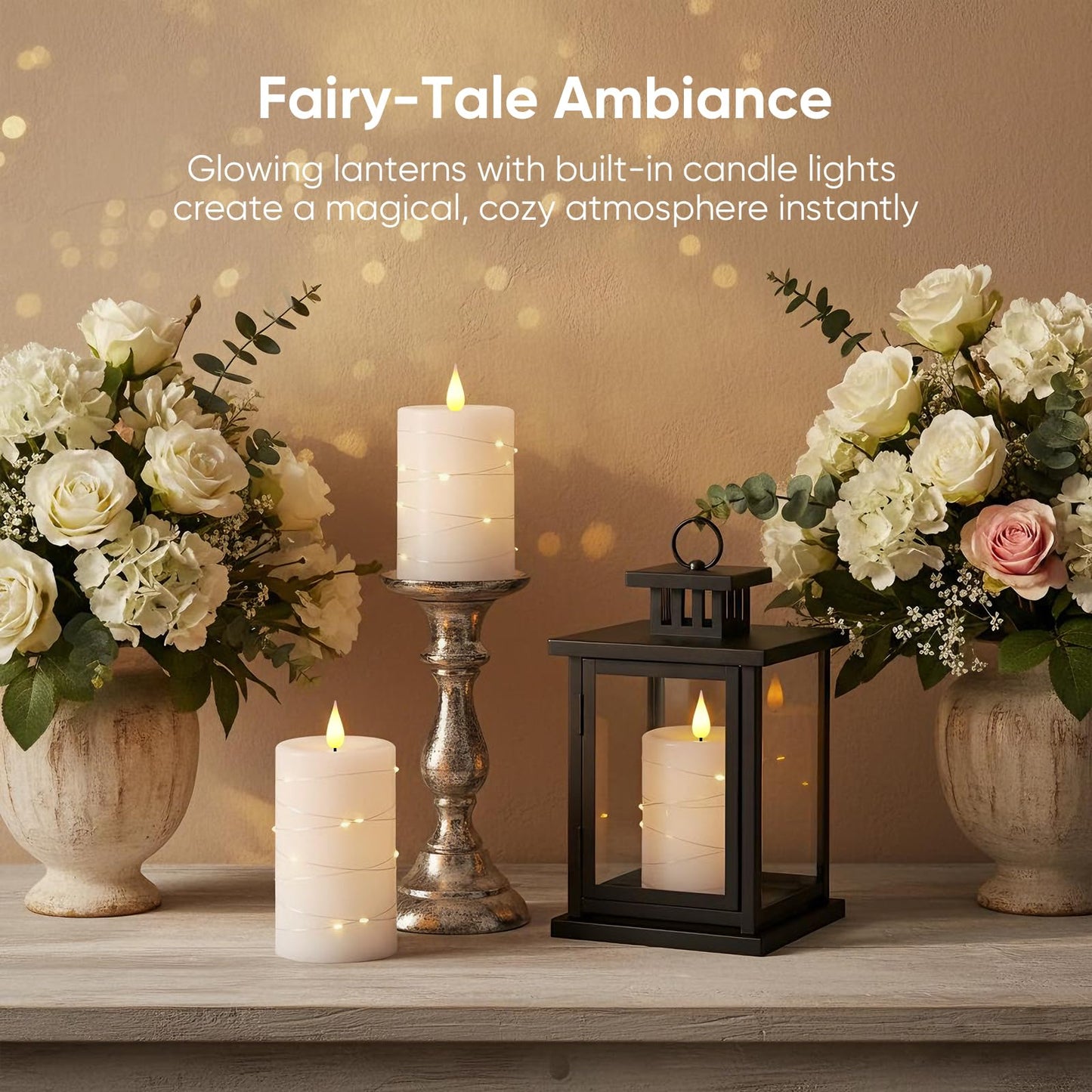 Amagic Flameless Candles with Embedded String Lights, 11-Key Remote & Timer, 3D Wick Real Wax Battery Operated Flickering Led Pillar Candles for Home, Lantern Decor, Set of 2, White