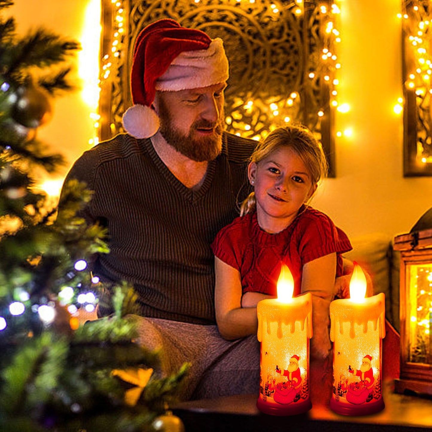 SWEETIME Snow Globe LED Flameless Battery-Operated Sparkly Glitter 3D Fire Wick Flickering Flame Fake Crystal Santa Claus Candle Decor for Christmas Celebration Party