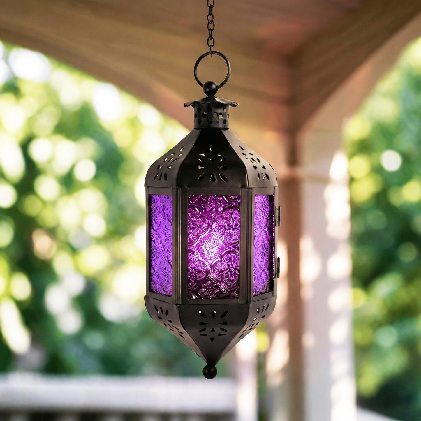 Vela Lanterns Gothic Candle Holder, Hanging Lantern Indoor Lamp, Witchy Whimsigoth Home Decor, Decorative Moroccan Purple Glass Halloween & Vampire Decorations, Metal with 12" Chain, Purple Glass
