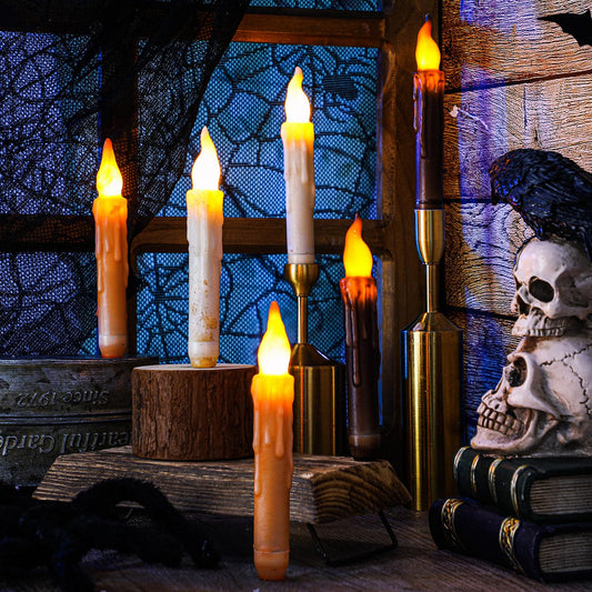 Baquler 6 Pcs Vintage Halloween Flameless Candles Real Wax Hand Dipped 6.5 Inch Short Taper Candles Battery Operated Retro LED Candlesticks for Halloween Fireplace Dinning Table Fall Home Party Decor