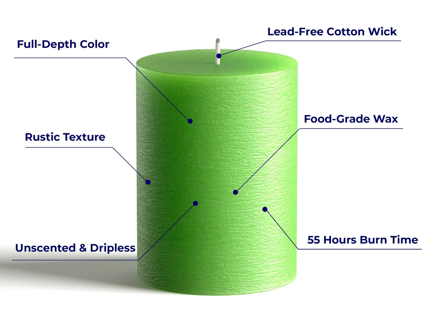Melt Candle Company Set of 3 Pillar Candles 3" x 4" Unscented Handpoured Weddings, Home Decoration, Restaurants, Spa, Church Smokeless Cotton Wick - Green
