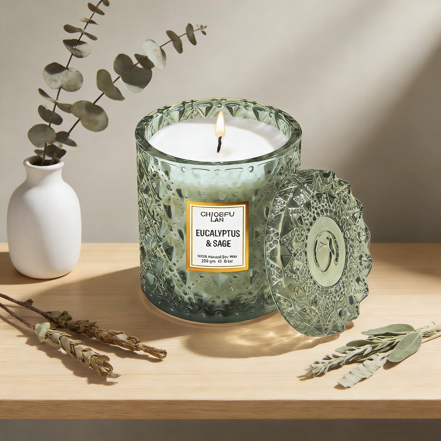 Chloefu LAN Eucalyptus & Sage Scented Candles Luxury Candle with up to 55 Hour Long Lasting, Highly Scented, 100% Soy Wax, 8.1oz, Beautiful Candles, Ideal for Home Decor and Gifts