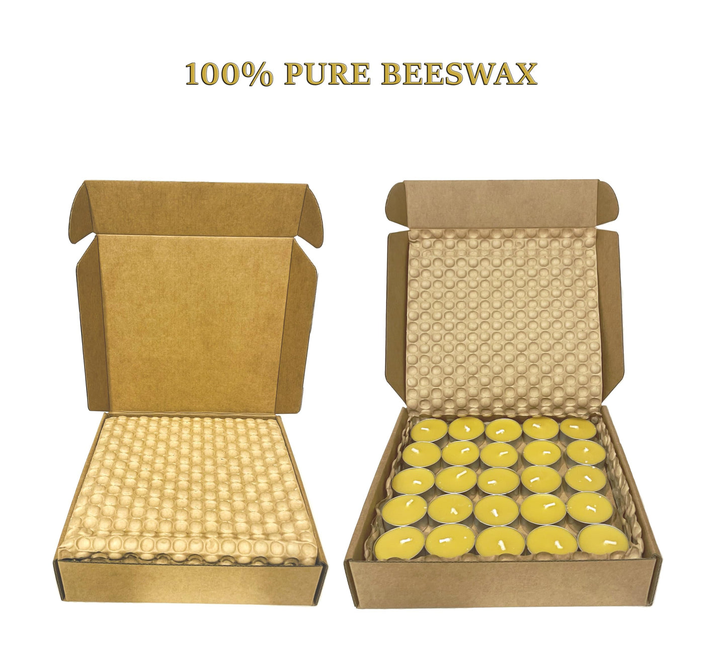 100% Pure Beeswax Tea Light Candles, 50-Pack, Natural Unscented Honey Aroma Tealights in Aluminum Cups. 4-Hour Clean-Burning, Soot-Free