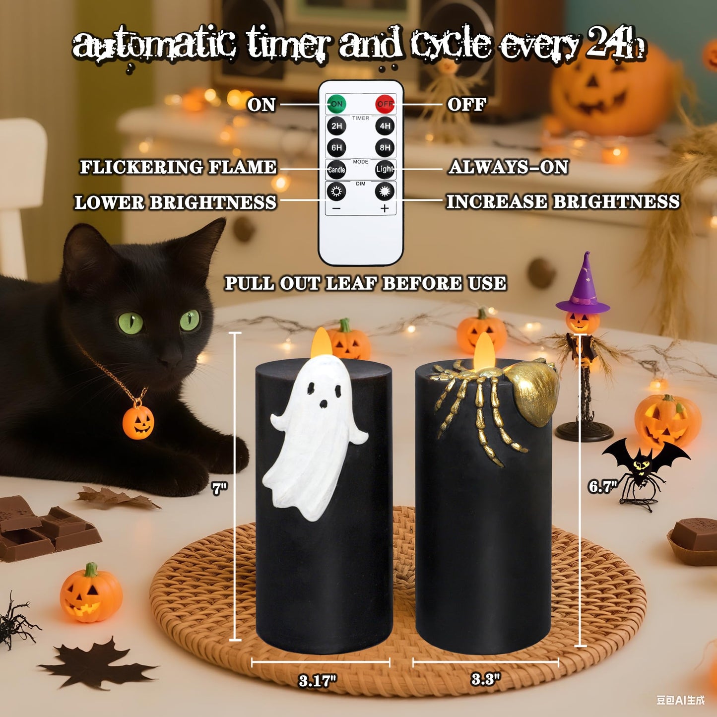 Silverstro Halloween Flameless Candles with Remote & Timer, Real Wax Hand-Carved Painted Ghost Spider LED Candles for Home Party Haunted House Horror Theme Halloween Decor, 3" x 7" Set of 2