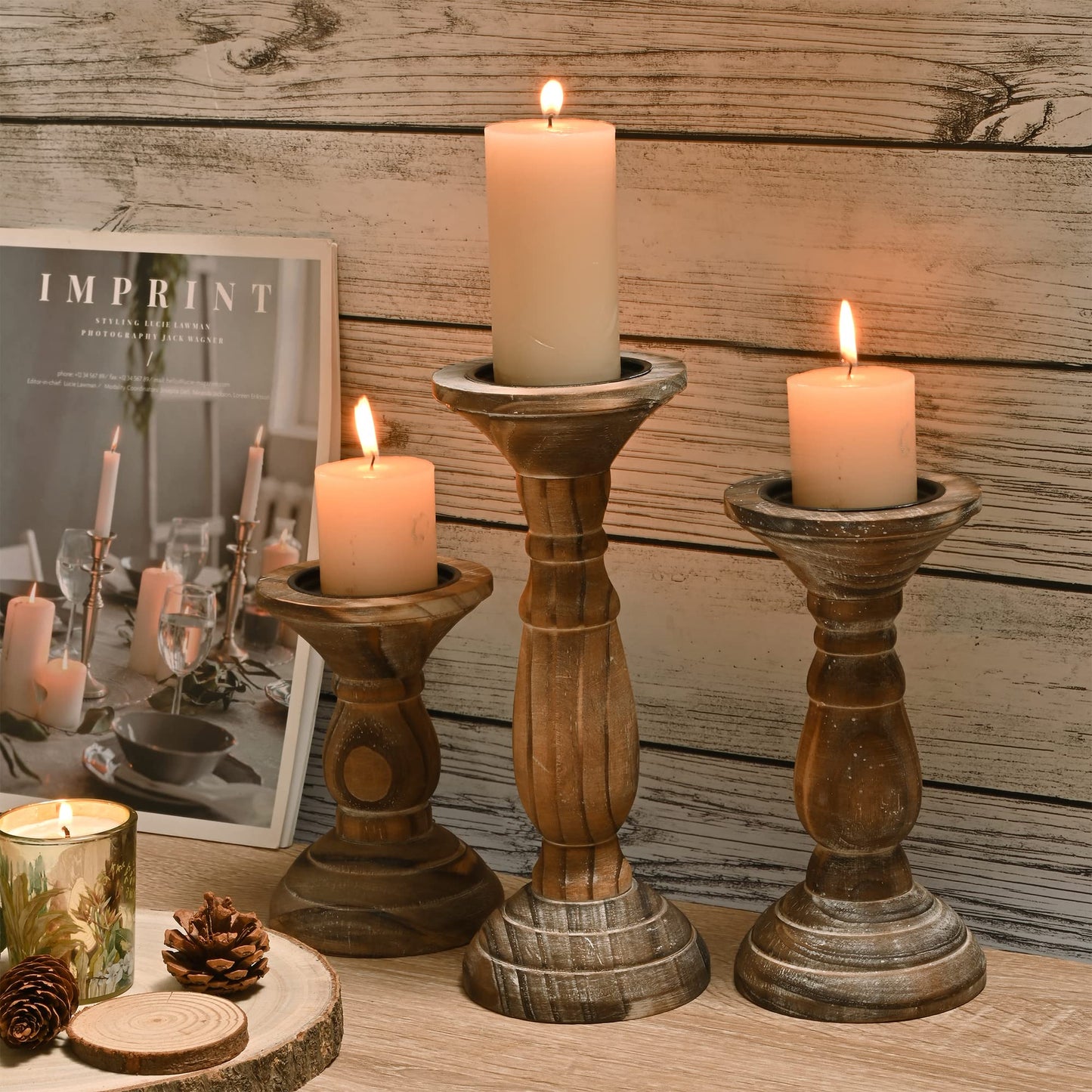 Yorkmills Pillar Candle Holder Set of 3, Farmhouse Decor Living Room Tall Candle Holders for Pillar Candles, Wood Candle Holders for Table Centerpieces Brown Home Decor Kitchen Dining Room Table Decor
