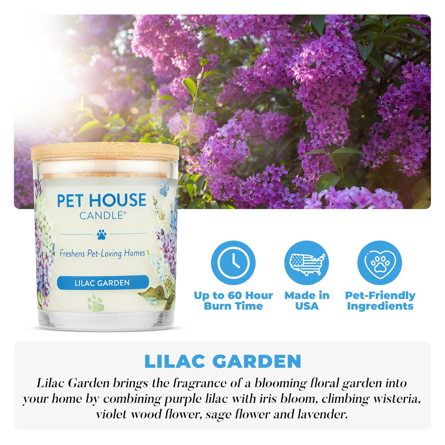 Pet House Candles, Long Burning Scented Candles for Home, Plant-Based, 60 Hour Burn Time - Lilac Garden and Fresh Cut Roses, 9 oz, 2 Pack