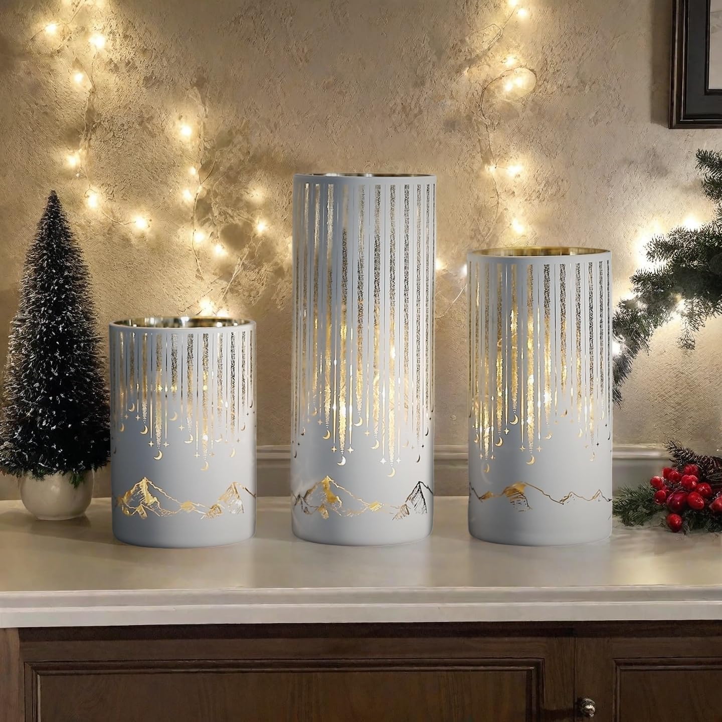 Ashroder Starry Night Hurricane Candleholders with Warm LED Lights & Remote Timer, Elegant Twinkling Decorative Centerpieces for Wedding, Dining Table, Living Room, Mantel Décor, Set of 3 (White)