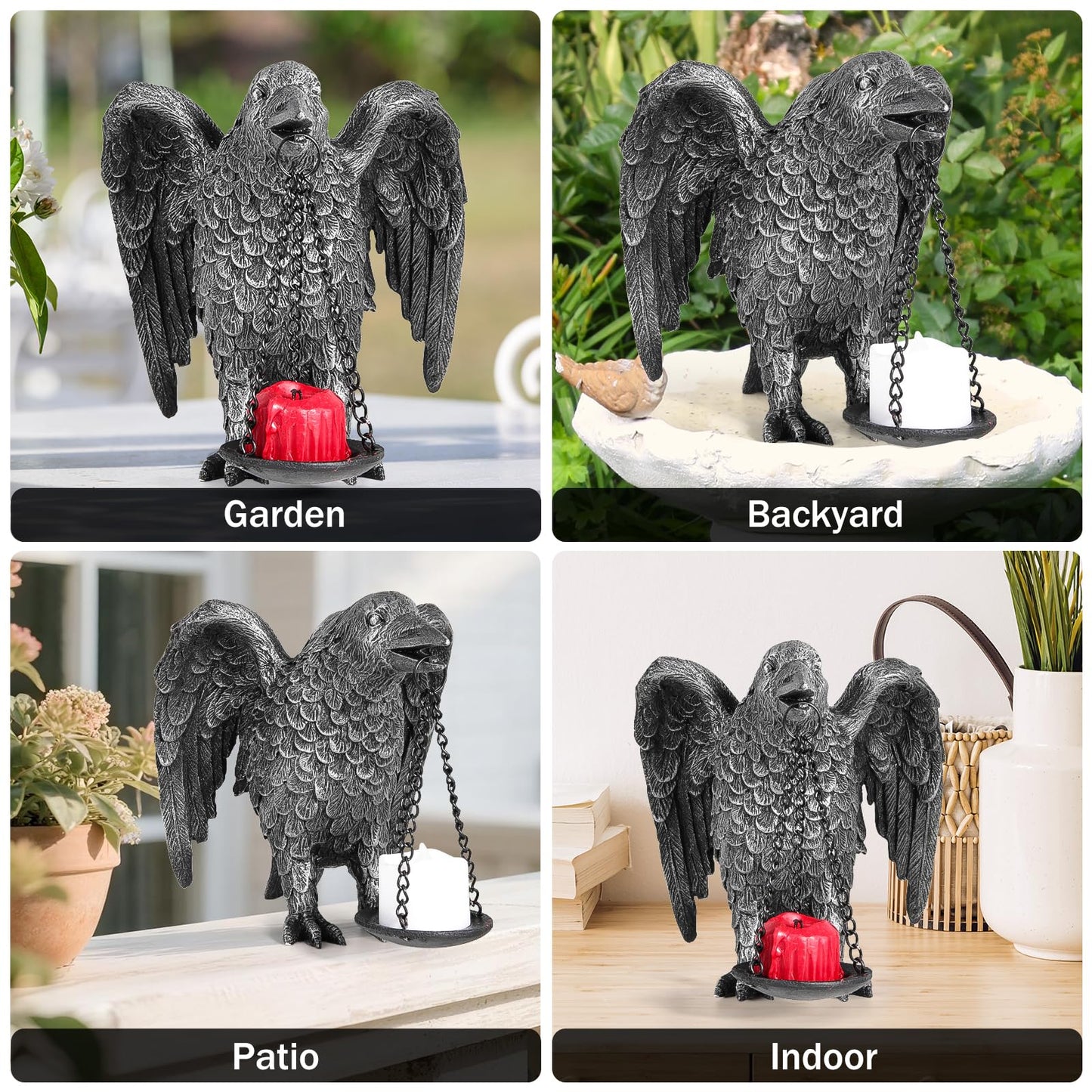 Halloween Decorations Spread Wings Raven Candle Holder Outdoor Garden Statue for Patio Decor Gothic Home Decor Half Silver