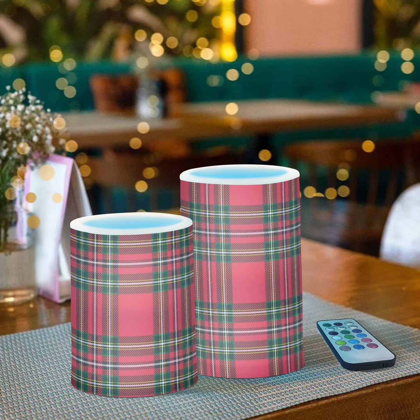 BOENLE Flickering Flameless Candles, Red Green Tartan Plaid Christmas LED Candles with Remote Timer, Set of 2 Battery Operated Candle for Valentine Wedding Birthday