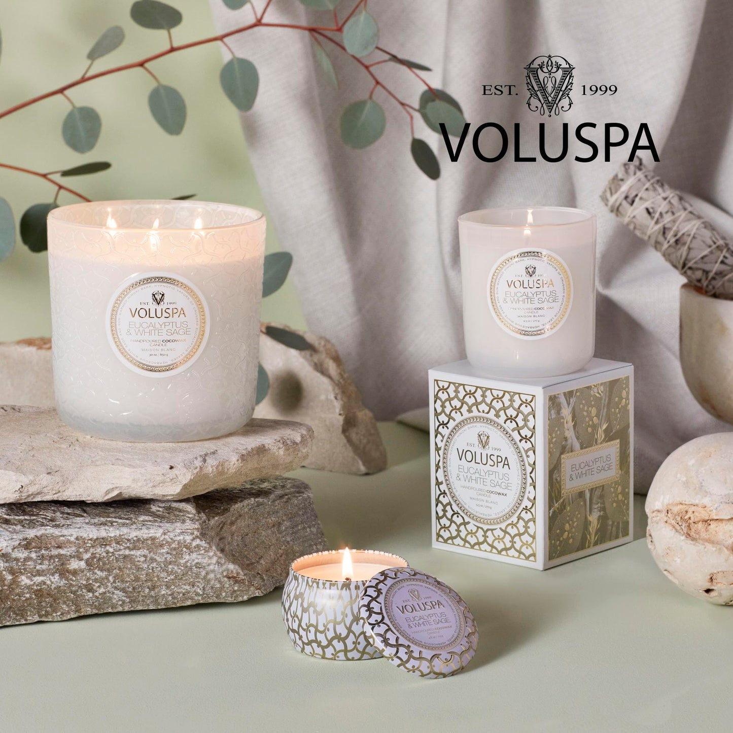 Voluspa Eucalyptus & White Sage, 3 Wick Tin Candle, 12 oz, 40 Hour Burn Time, Coconut Wax for Clean Burning, Handcrafted in the USA