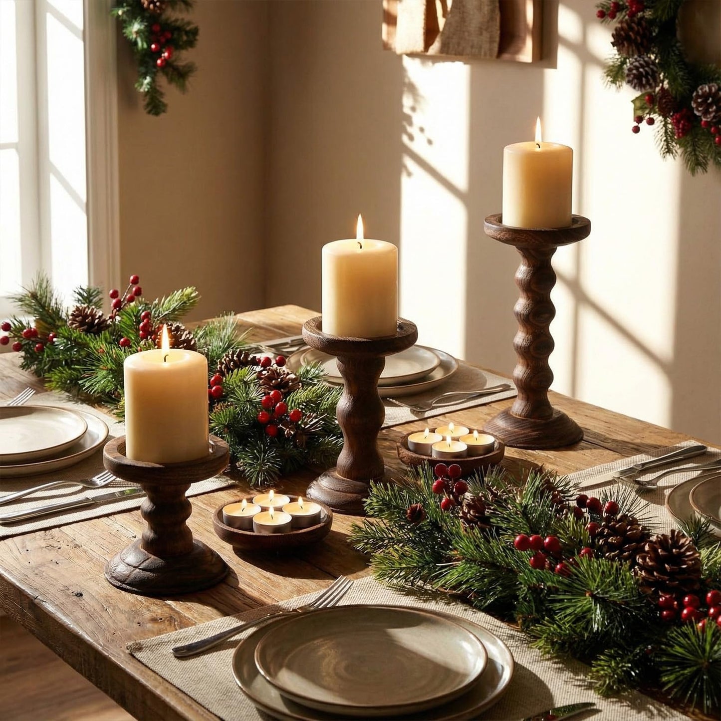 Vesici Candlestick Holder Plate Pillar Candle Holder Candles Stand Decorative Centerpieces for Table Wedding Events Party Living Room Housewarming Gift(Wooden)