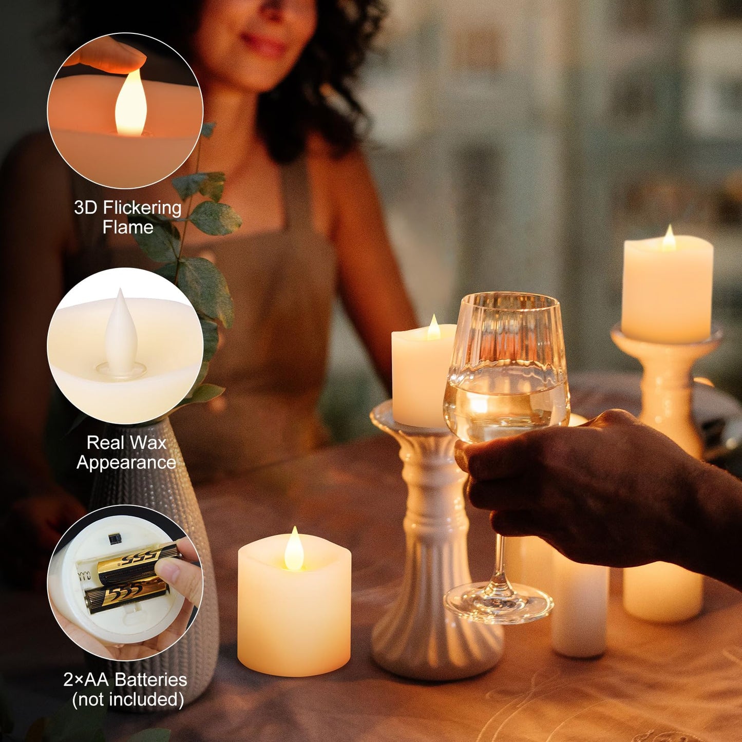 milysoek 3x3 Flickering Flameless Candles Set of 3, Real Wax LED Battery Candles Flickering, 3 inch Flameless Candles with Remote,Battery Powered Candles, for Party/Wedding,Ivory