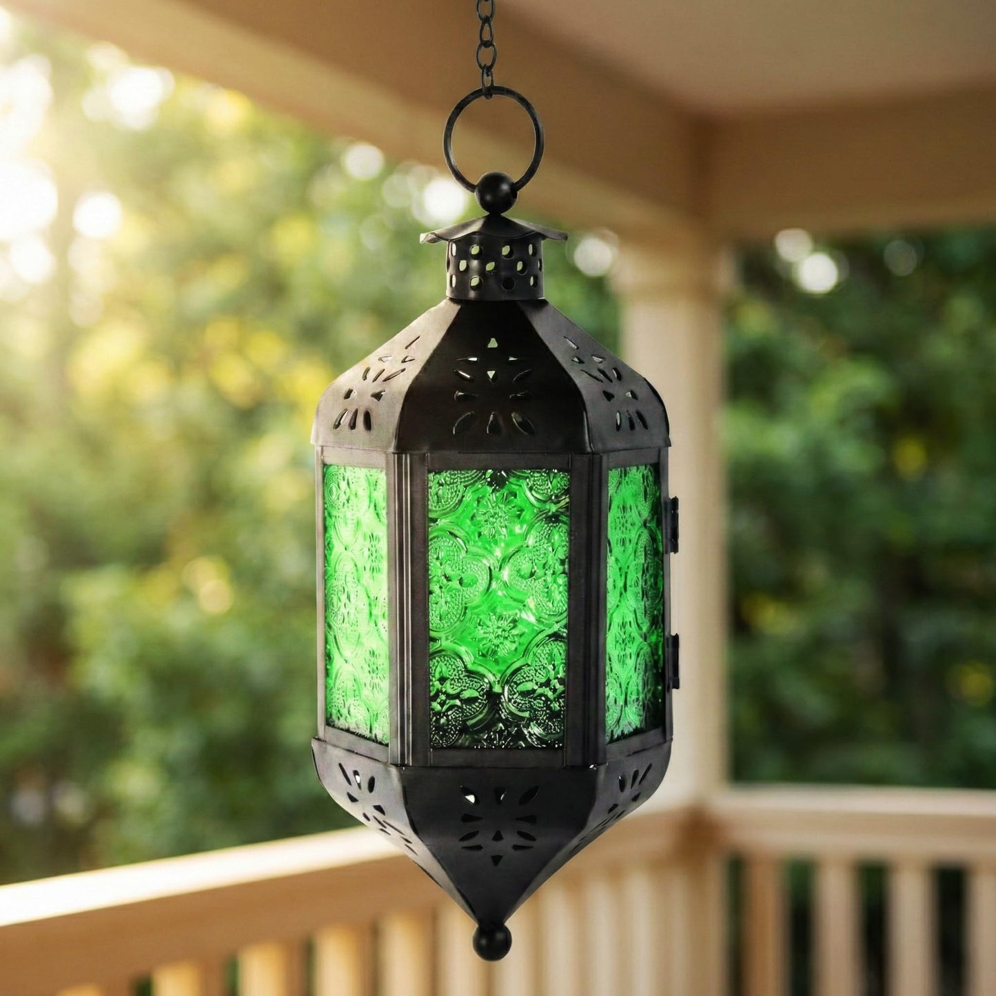 Vela Lanterns Hanging Moroccan Lamp - Exotic Decorative Patio & Porch Decor, Indoor Outdoor Tea Light Candle Lantern Holder with Chain (11" Medium, Green Glass)