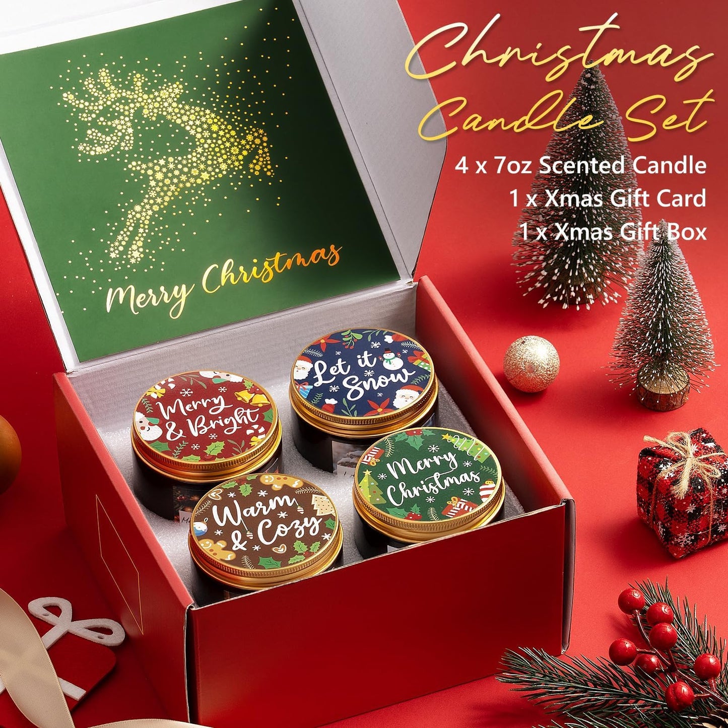 Christmas Candles Set, 4 Pack Xmas Scented Candles for Women, Winter Soy Candle for Home Scented Holiday Candle Gift Set, Christmas Gifts for Women Men- Balsam Cedar/Apple Pie/Citrus/Vanilla Coconut