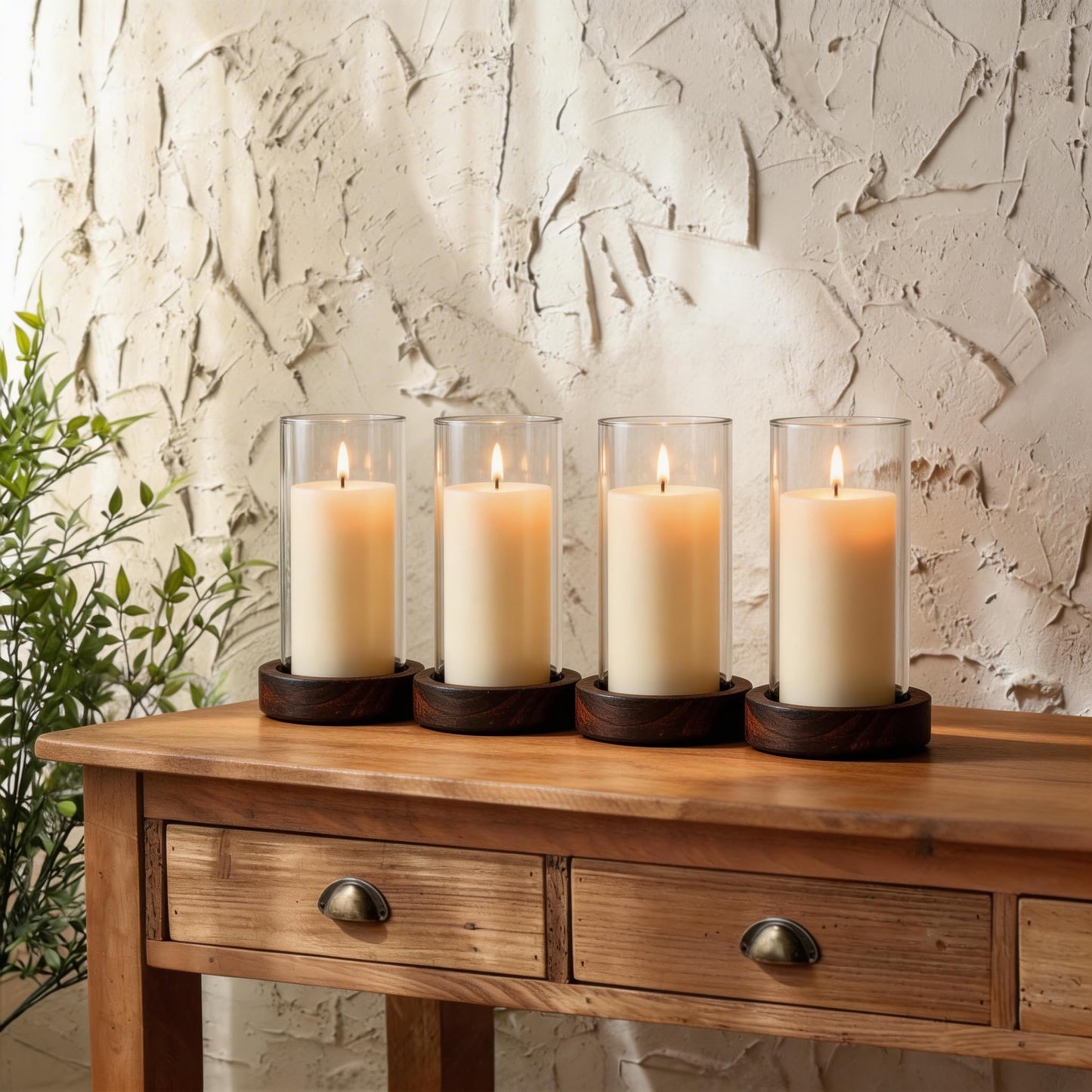 Ronasip Set of 4 Hurricane Candle Holders - 4.6x7.8 Inch Rustic Wooden Base with Glass Cylinder, Brown Pillar Candle Holders for Wedding Centerpieces, Home Decor, Table & Mantel Decorations