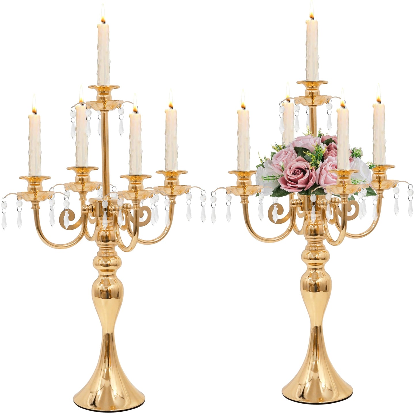 5 Arm Black Candelabra Centerpiece for Table, 20.3” Tall Metal Candlestick Candle Holder for Taper Candles, Gothic centerpieces for Tables, Wedding, Party, Reception (Gold, 2pcs)