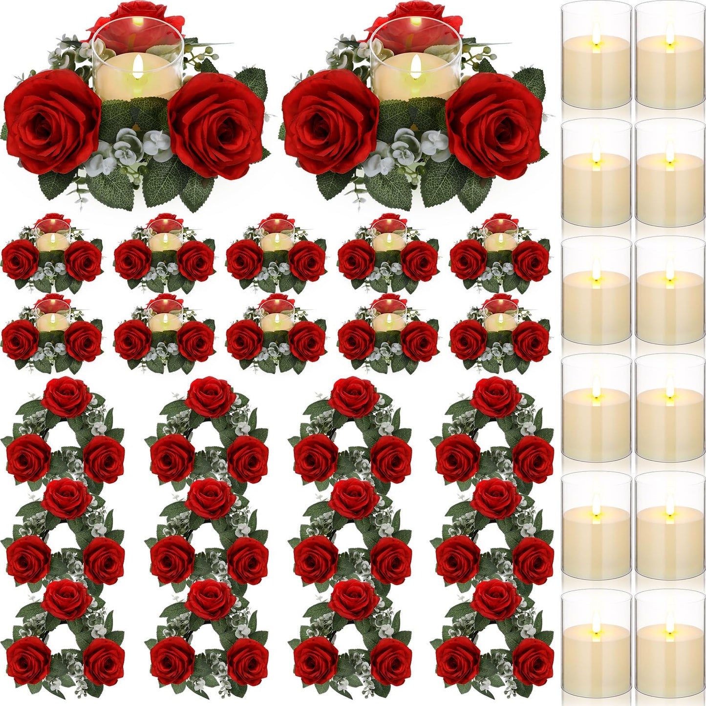 Yunlly 12 Pcs Rose Candle Rings with Flameless Candles Sets, Artificial Flower Eucalyptus Wedding Centerpiece 3 Inch Pillar Candleholders Wreaths for Wedding Party Mother's Day (Red)