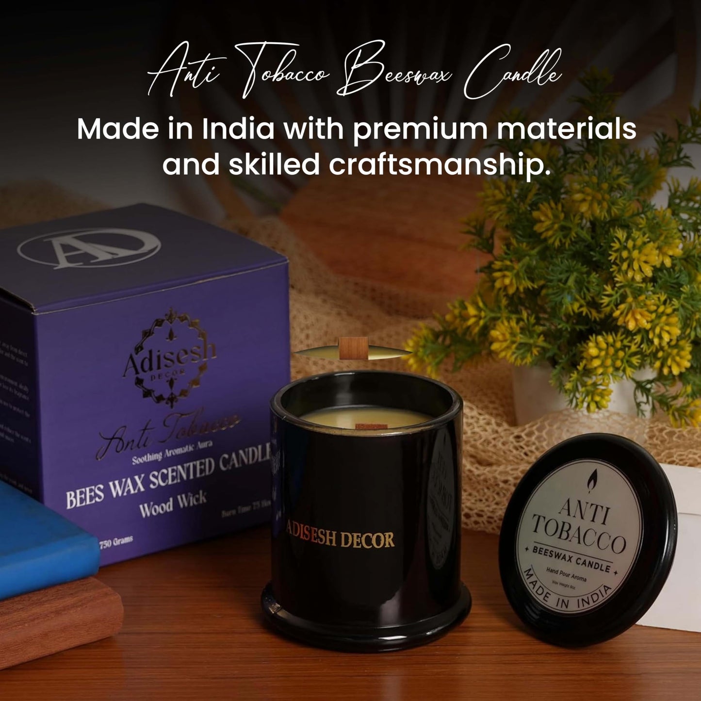 Adisesh Decor Anti Tobacco Beeswax Candle – Long Lasting 70+ Hour Burn | Natural Odor Eliminating Scented Candle for Home, Smoke & Pet Odor Neutralizer | Hand Poured Clean Burning Decorative Candle