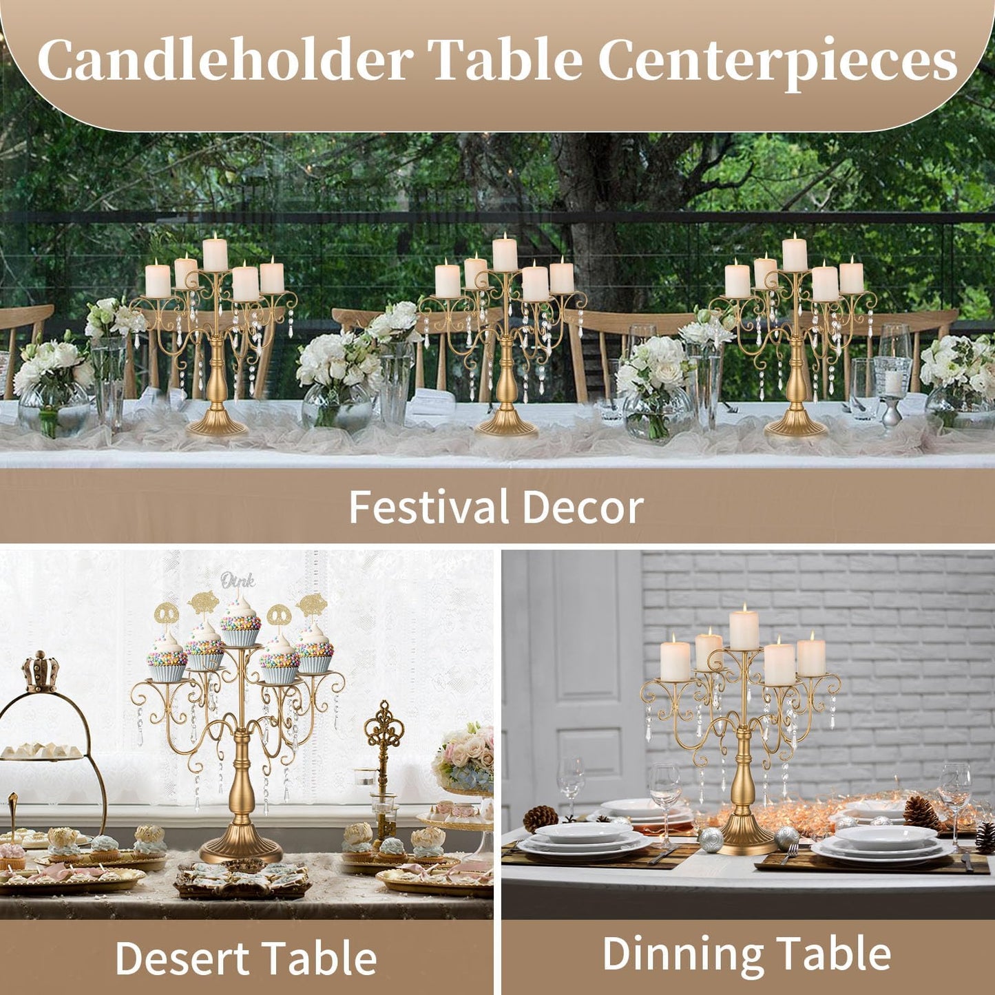 Sziqiqi Candelabra Centerpieces Gold Candle Holder - 5 Arm Pillar Candle Holders with Crystal Beads for Christmas Table Centrepiece Halloween Wedding Candleholders Decoration