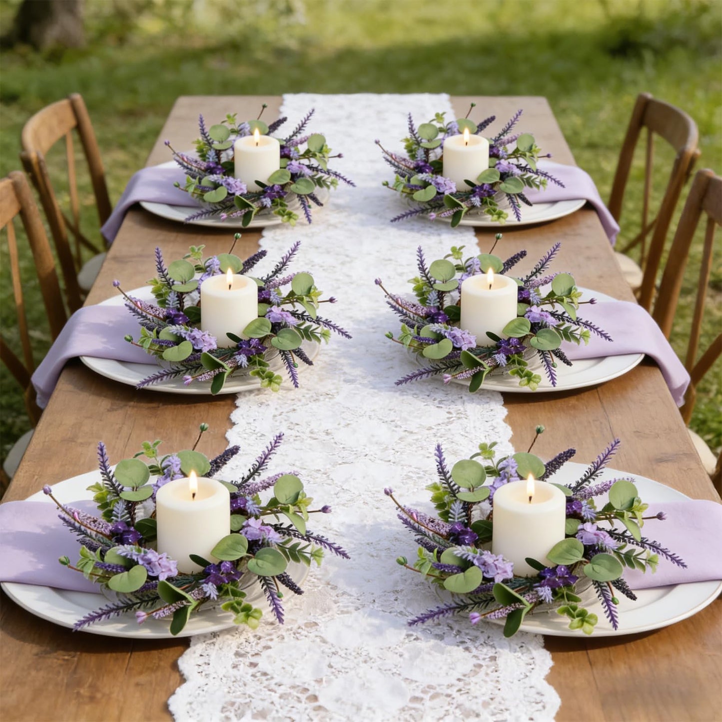 6 Pcs Small Lavender Candle Ring Wreaths Mini Pillar Candle Holder Wreath with Violet Hydrangea Flowers and Eucalyptus Leaves Artificial Spring Summer Wreath for Home Kitchen Table Cnterpieces
