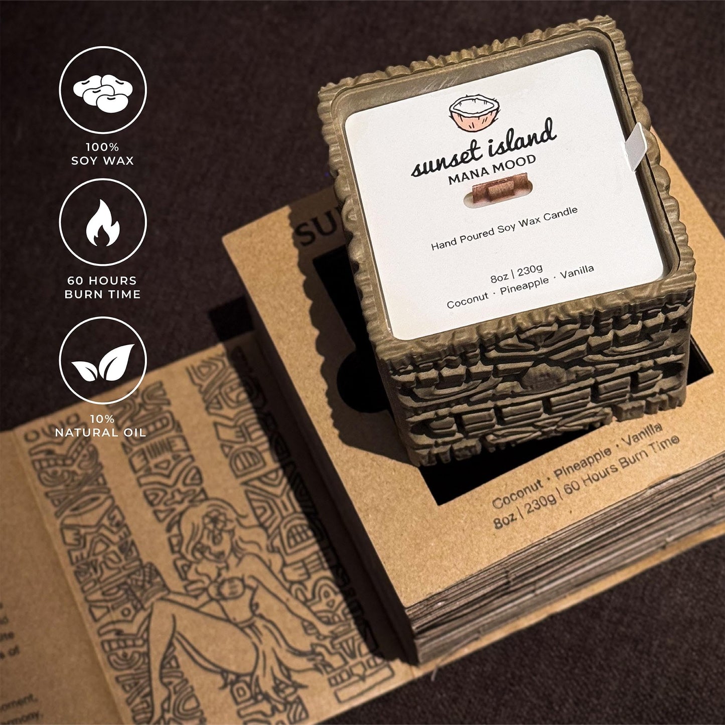 Mana Mood Sunset Island Scented Candles, Coconut & Pineapple, 9oz Large Wood Wick Candle, Soy Wax Table Torch, 60 Hours of Burn Time, Ideal Holiday Gifts for Men and Women, Perfect Summer Fragrance.
