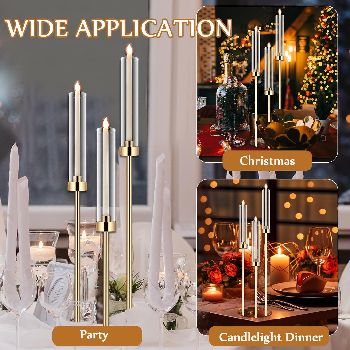 Layhit 6 Set Wedding Gold Candelabra Centerpieces for Tables, 3 Arm Tall Acrylic Candle Holder Centerpiece with Clear Shades for Reception, Party, Dining Decor, Anniversary, Fits 0.87" LED Candles