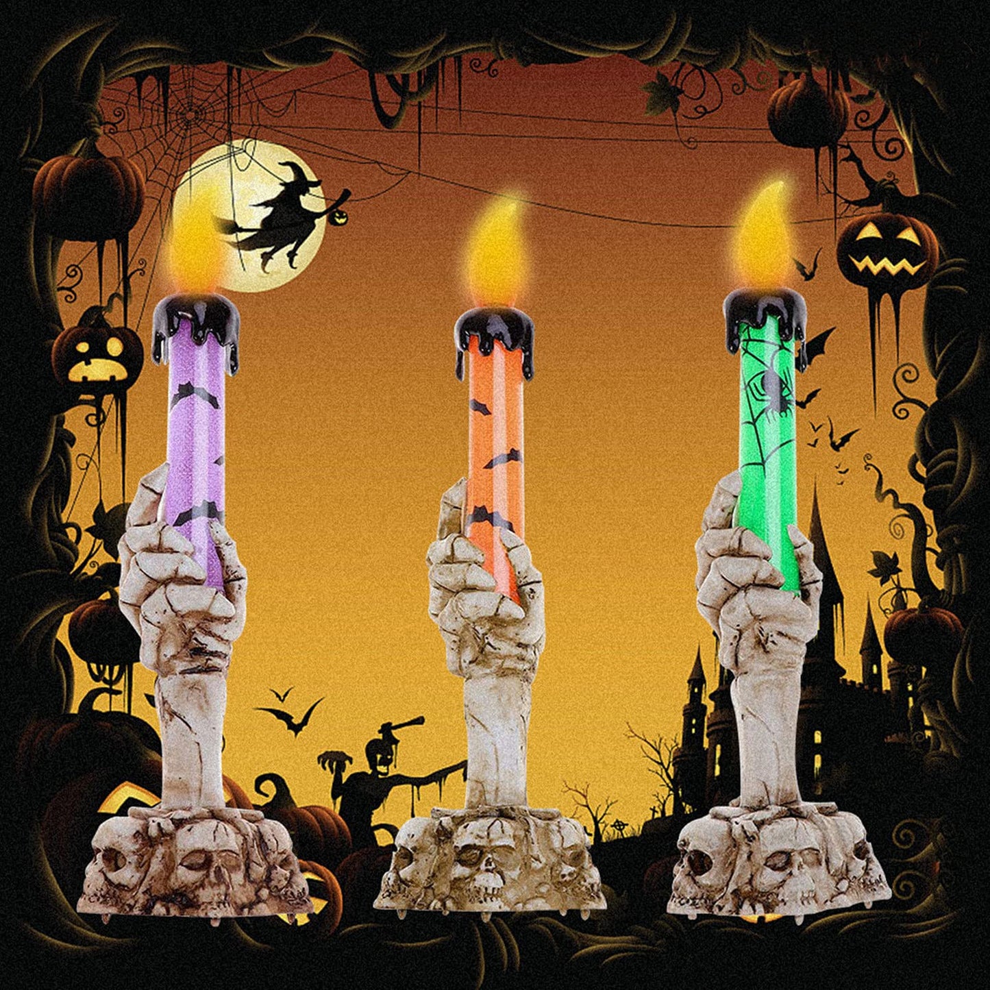 YBB 3 Pack Halloween Skeleton Hand Candle Holder Light, Skull Flameless Taper Candle Lamp for Halloween Party Table Centerpiece Spooky Decoration (Green, Orange, Purple)