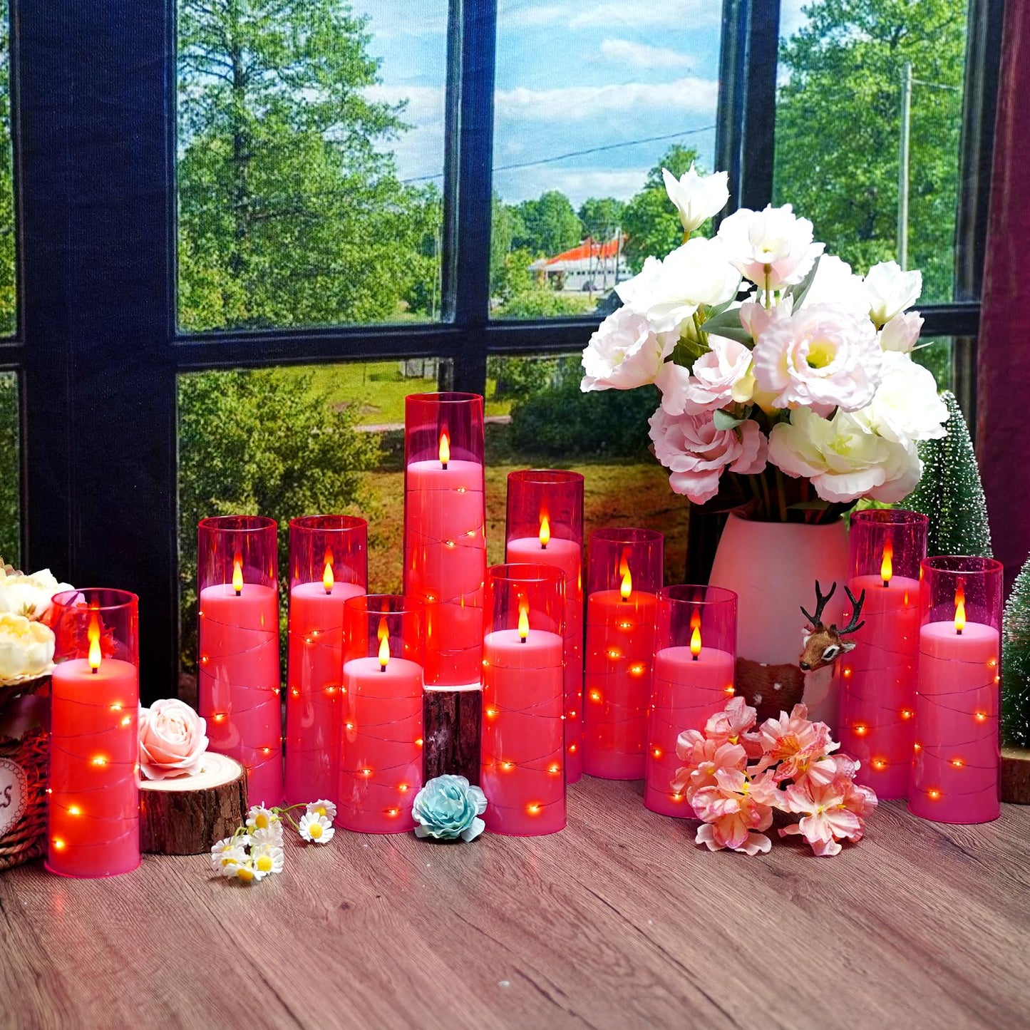 Sasigeiaa Flameless Candles with Embedded Star String - Battery Operated LED Candles, with Remote,12 Pink Flickering Candles for Christmas, Weddings, Home Decor & Party,(D 2.3"×H 5" 6" 7")