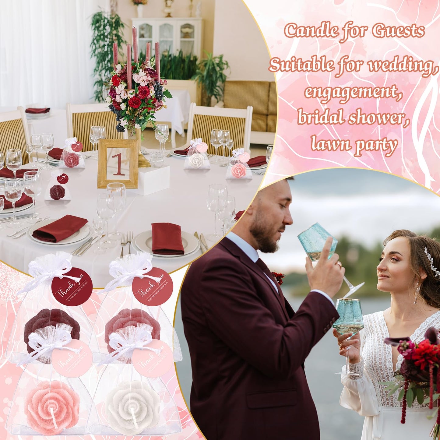 Treela 50 Set Flower Candles Wedding Favor for Guests Mini Burgundy Rose Shaped Tealight Candles for Return Gift Wedding Birthday Bridal Shower Housewarming Party