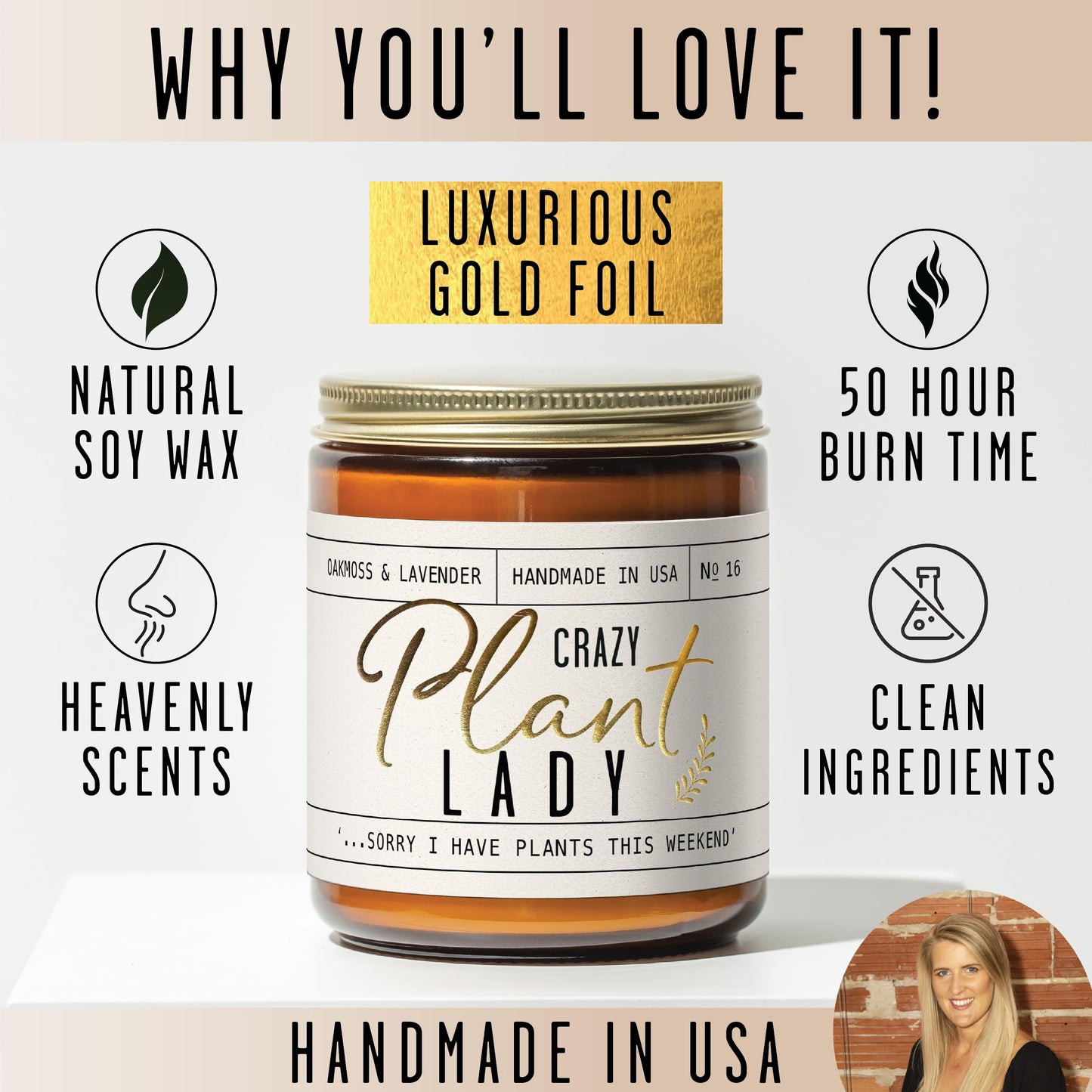 Plant Lady Gifts for Women, Soy Candle, w/Oakmoss & Amber I Plant Lady Themed Ideas I Gifts for Plant Lovers I 50Hr Burn, USA Made