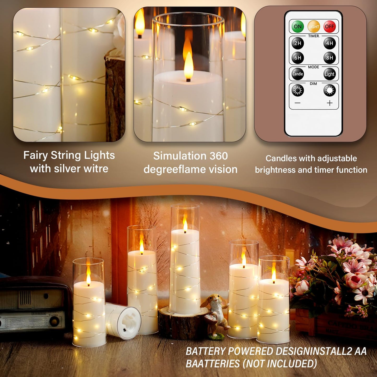 Flameless LED Candles with Timer 24 Pc Flickering Flameless Candles for Romantic Ambiance and Home Decoration Stable Acrylic Shell,with Embedded Star String，Battery Operated Candles（White）