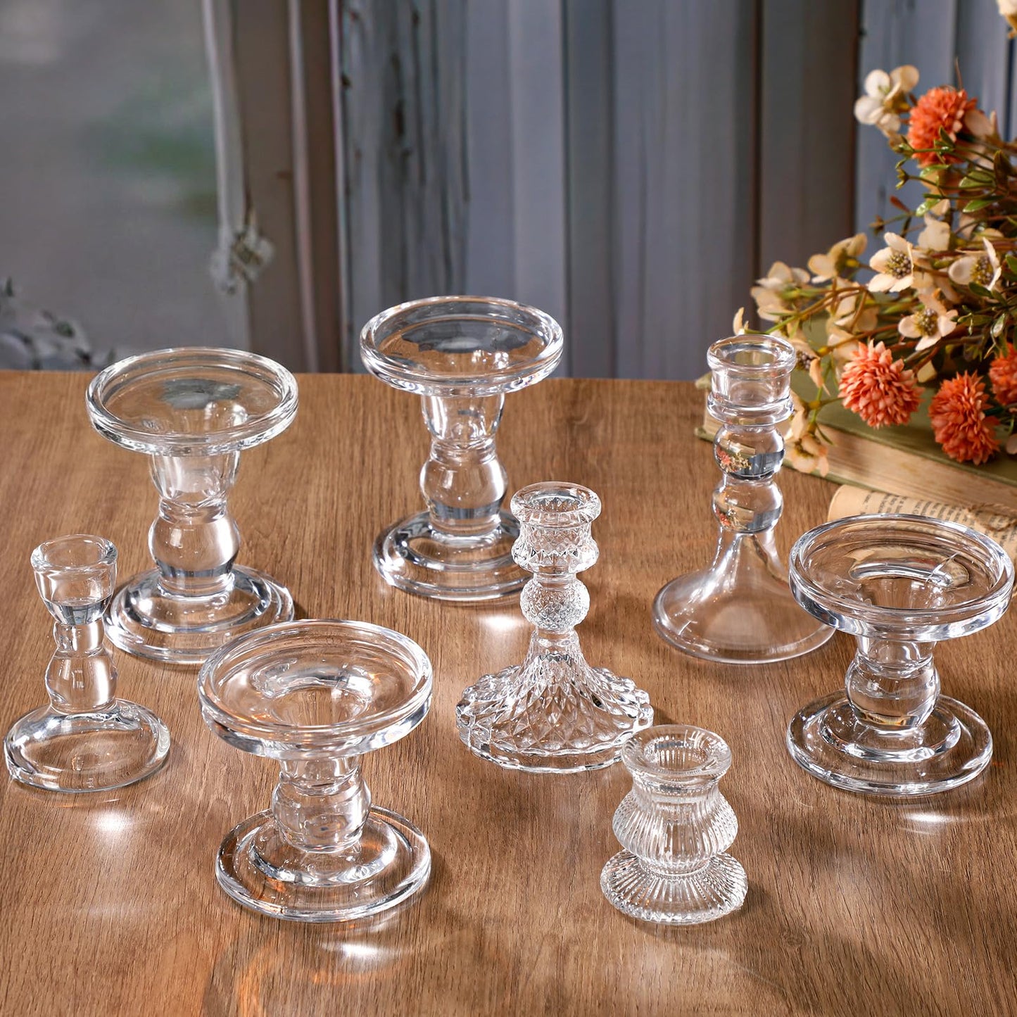 Potchen 8 Pieces Glass Taper Candle Holders Clear Short Stripe Taper Candlestick Holders Bulk Elegant Glass Candle for Table Centerpiece Wedding Christmas Party Decor Festival Home Decoration