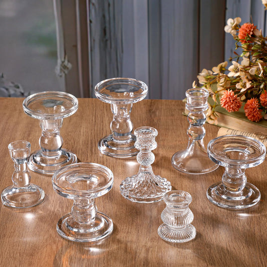 Potchen 8 Pieces Glass Taper Candle Holders Clear Short Stripe Taper Candlestick Holders Bulk Elegant Glass Candle for Table Centerpiece Wedding Christmas Party Decor Festival Home Decoration