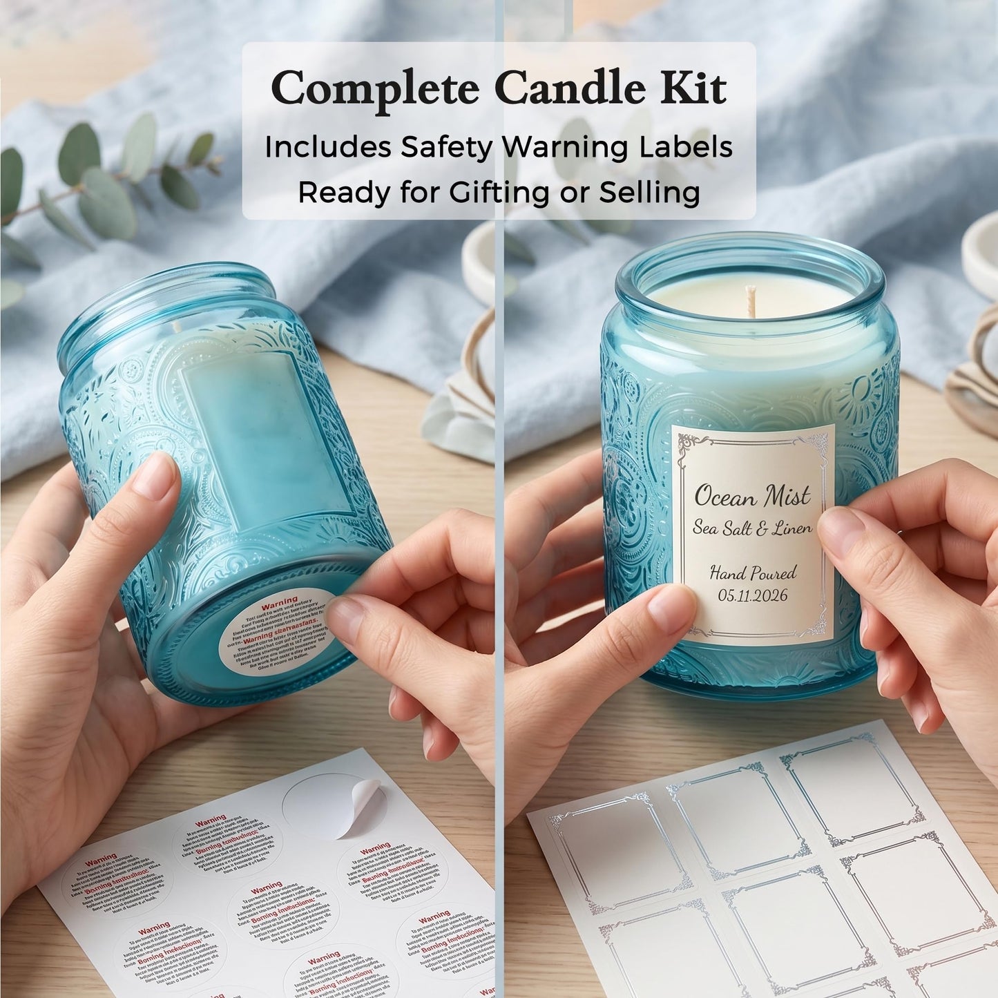 9-Pack 8oz Embossed Glass Candle Container with Bamboo Lids and Labels, Blue Candle Jars for Making Candles, Sun Moon Star Design