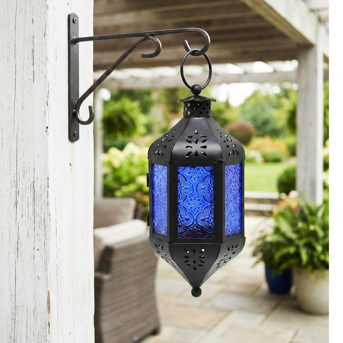 Vela Lanterns Hanging Moroccan Lamp - Exotic Decorative Patio & Porch Decor, Indoor Outdoor Tea Light Candle Lantern Holder with Chain (11" Medium, Cobalt Blue Glass)