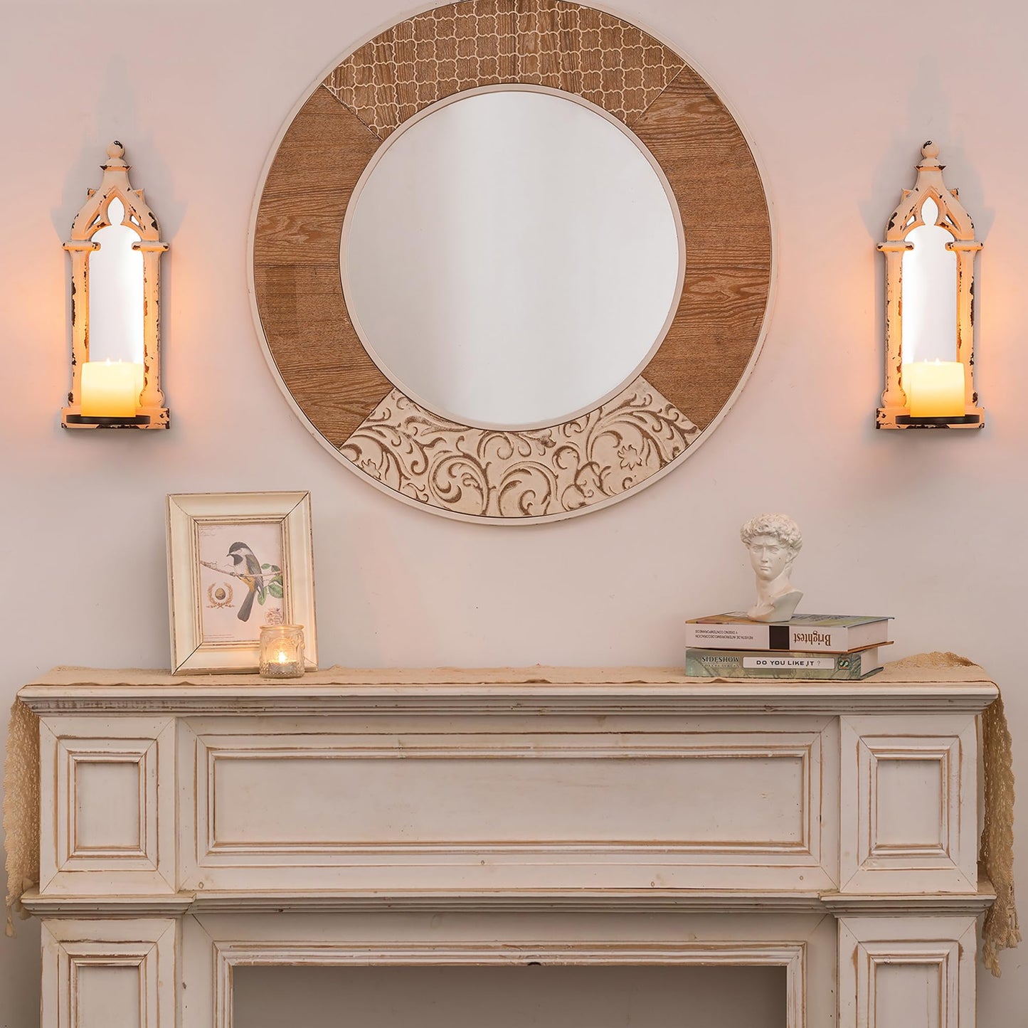 Walasis Farmhouse Mirror Wall Candle Sconces Set of 2 - Shabby Chic Decor Rustic Candle Holder French for Bathroom Living Room Mirrored Sconce