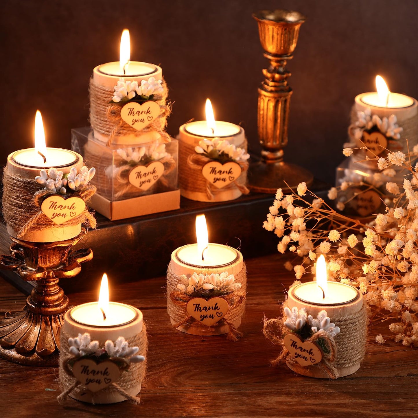 Retisee Wedding Candle Favors for Guests Bridal Shower Wood Memorial Tealight Candle Holder Thank You Gifts Handmade Candles for Wedding Baby Shower Housewarming Table Centerpiece(12 Pcs)