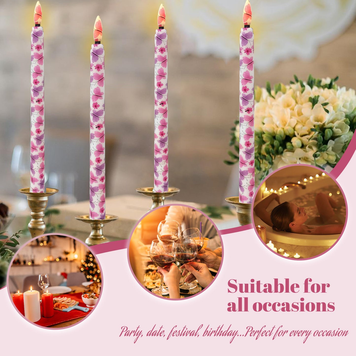 FCMSHAMD 6PCS Pink Butterfly Flameless Taper Candles, 11 Inch LED Candlesticks Battery Operated with 11-Key Remote and Timer, 3D Flickering Flame Lights for Wedding Party Home Decor Gifts