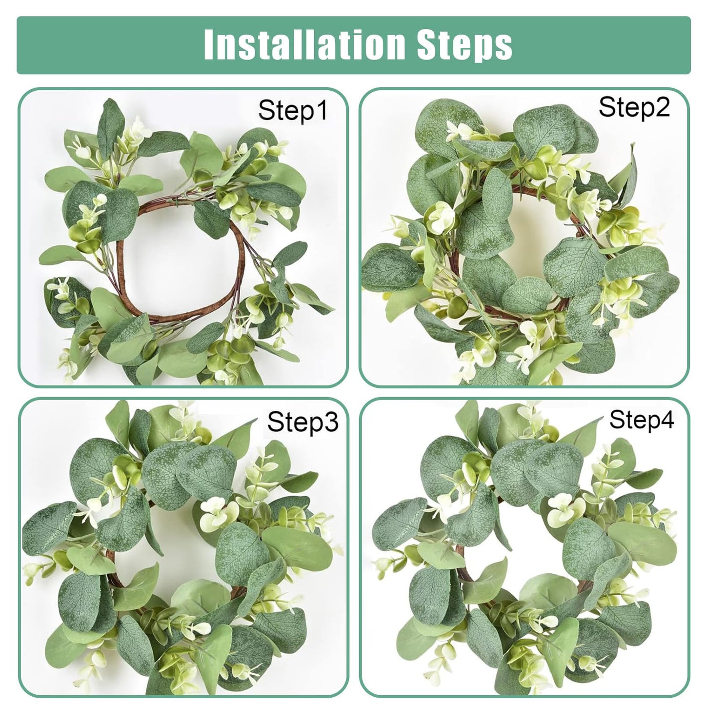 6 Sets LED Candle Rings with Artificial Eucalyptus Wreaths, 4-Inch Center Pillar Candle Holders for Wedding Table Centerpieces, Party Home Decor