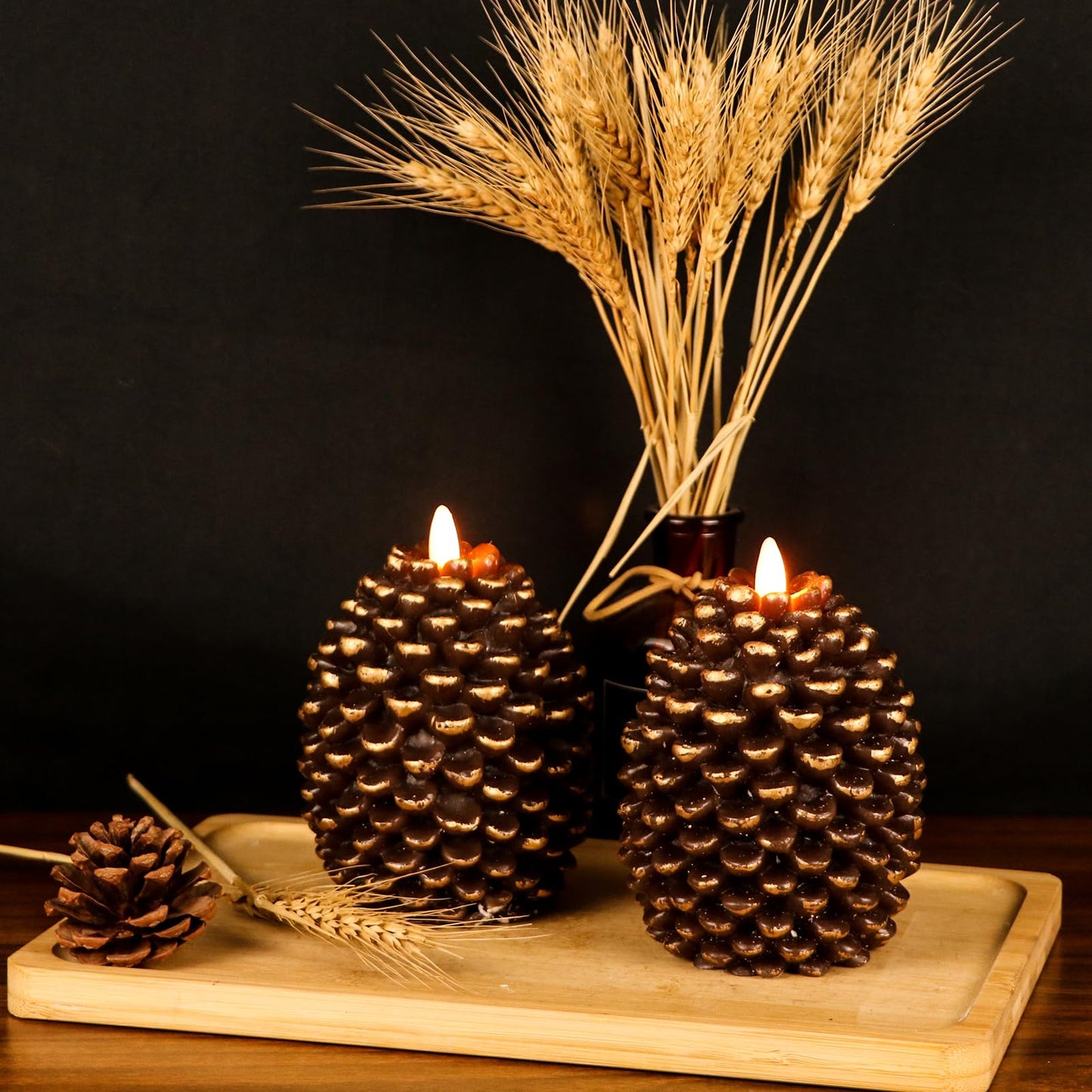 Eldnacele Pine Cone Flameless Candles Battery Operated with 6 Hour Timer Unscented Real Wax Flat Wick Flickering Pinecone LED Candles Christmas Home Holiday Decoration(2 Pack Brown)