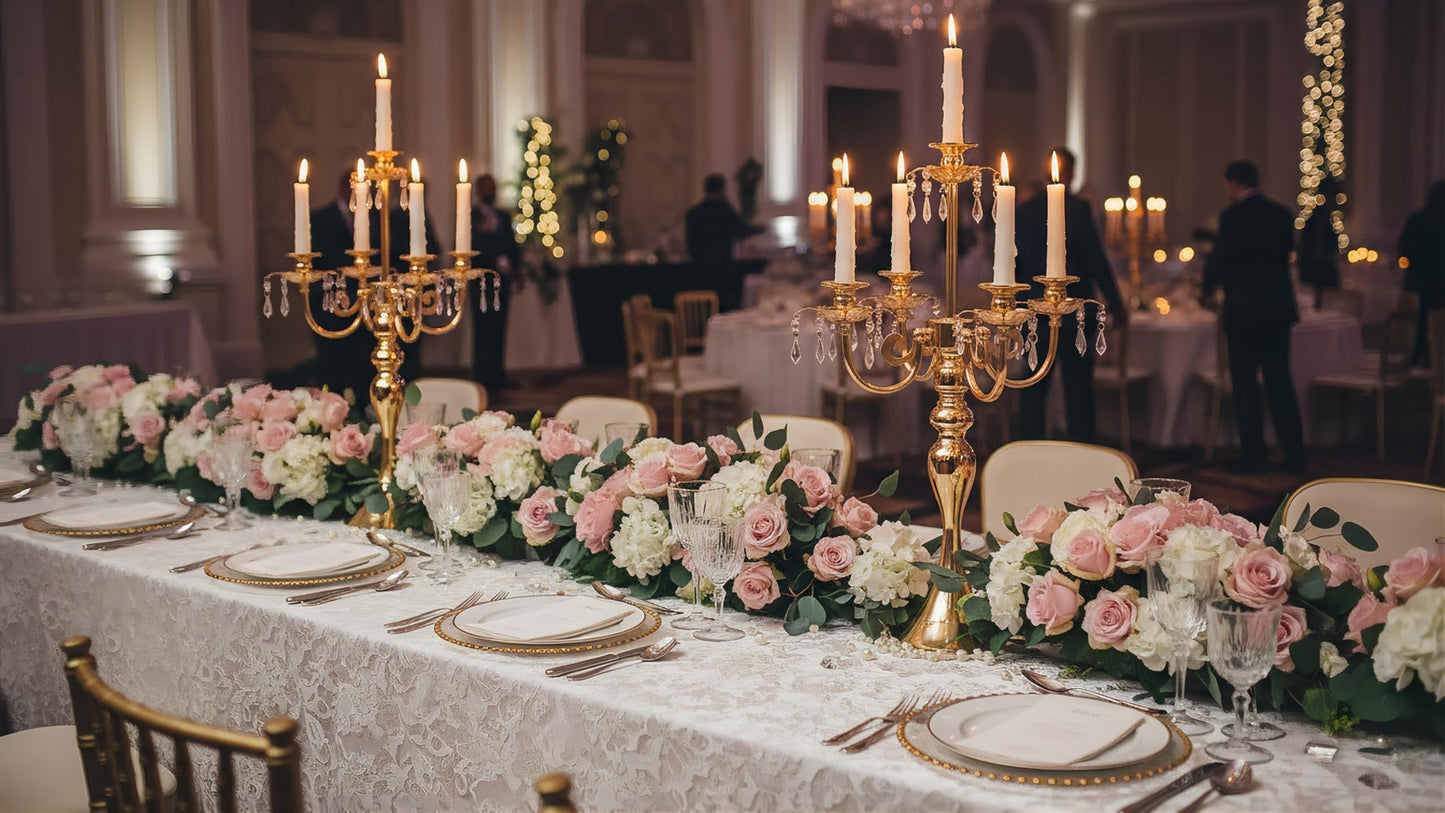5 Arm Black Candelabra Centerpiece for Table, 20.3” Tall Metal Candlestick Candle Holder for Taper Candles, Gothic centerpieces for Tables, Wedding, Party, Reception (Gold, 2pcs)