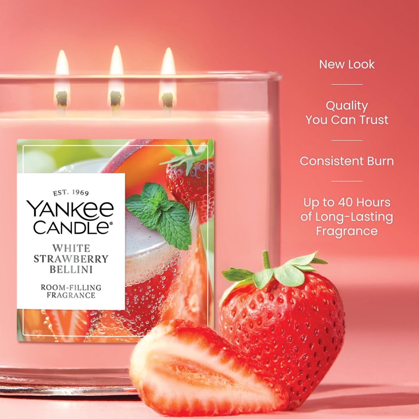 Yankee Candle White Strawberry Bellini Scented Candle, 14.5oz 3-Wick Candle Jar with up to 40 Hours Burn Time, Giftable